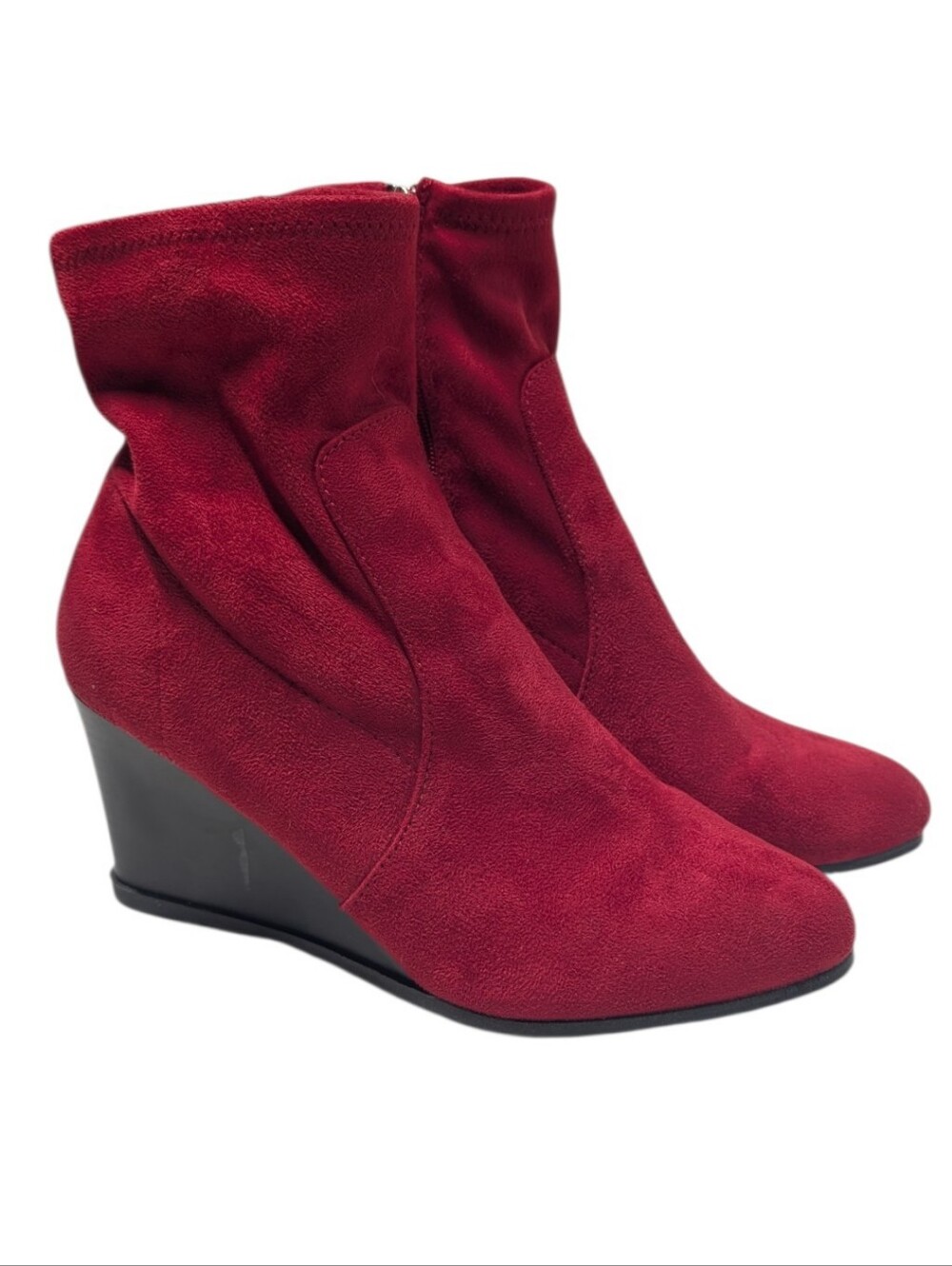 Red Circle Footwear Red Faux Suede Wedge Ankle Booties Round Toe Sz 10 Side Zip